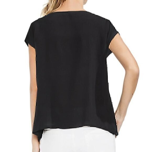 NWOT VINCE CAMUTO Scalloped Eyelet Top Solid Black Blouse Short Sleeve Viscose - Picture 2 of 7